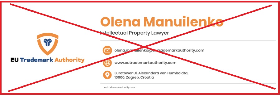 Example of a fraudulent “EU Trademark Authority” message falsely using the name of Olena Manuilenko